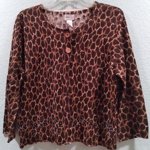 Chico's Women's Animal Print Light Weight Front Button Sweater Size 2 or L